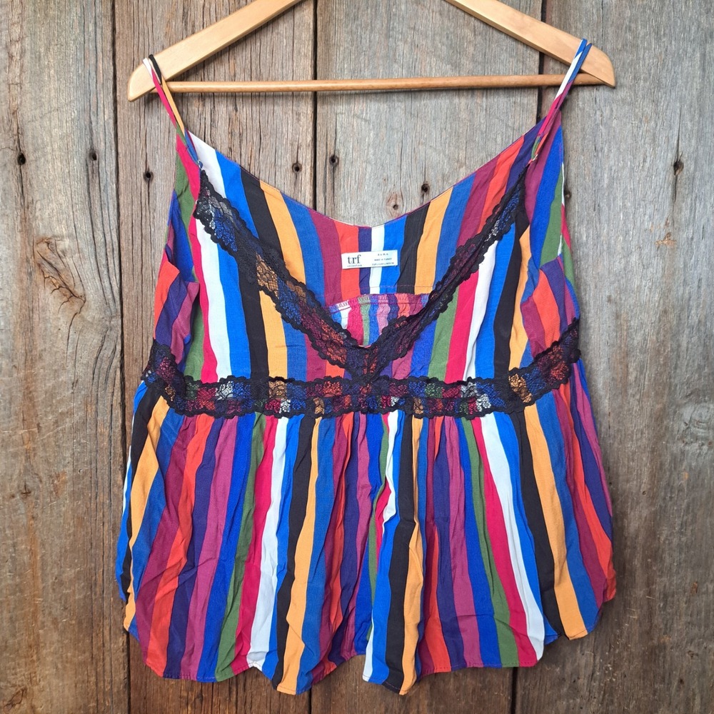 Multi-Color Striped Lace Trim Cami Tank Top